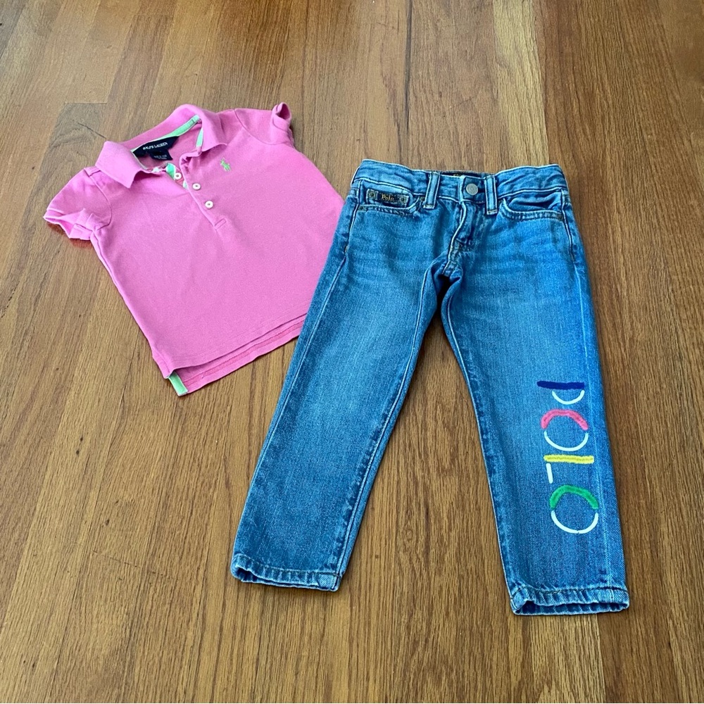 Polo by Ralph Lauren Girls Mesh Polo and Slim Boyfriend Jeans Set - Picture 2 of 13